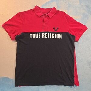VTG Y2K True‎ Religion Men's Red Black Colorblock Polo Shirt Logo Graphic Tee L